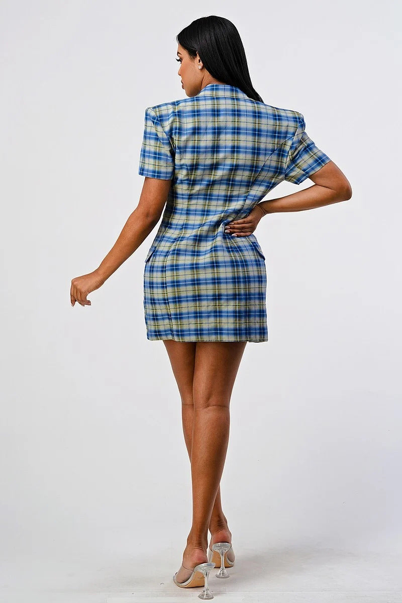 Wide Collared Double Breasted Plaid Blazer Mini Dress