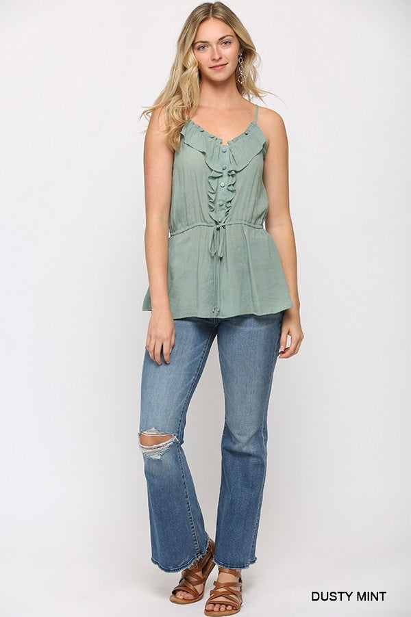 Solid Textured And Button Detail Ruffle Cami Top With Elastic Waist And Drawstring
