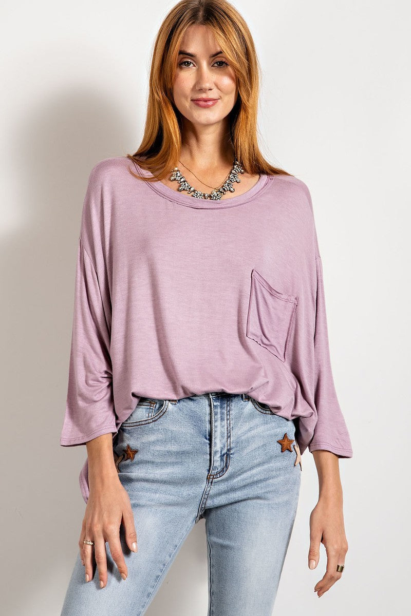 Rounded Neckline 3/4 Sleeves Washed Top