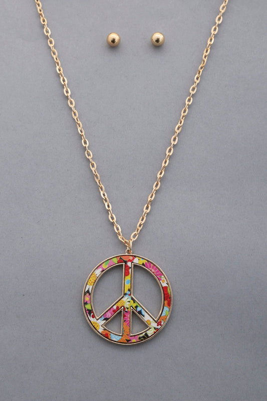 Peace Sign Floral Pattern Pendant Necklace - Wholesale Apparel Center