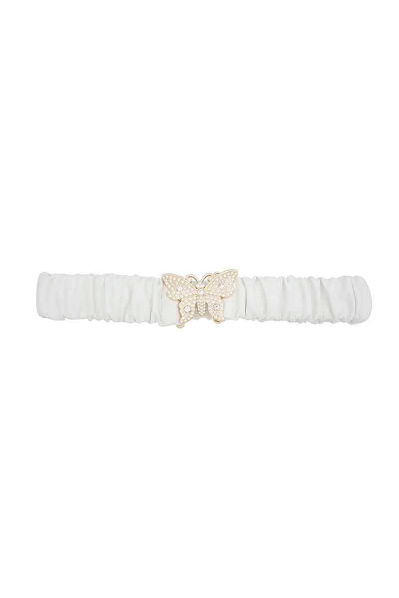 Rhinestone Pave Butterfly Ruched Elastic Back Belt - Wholesale Apparel Center