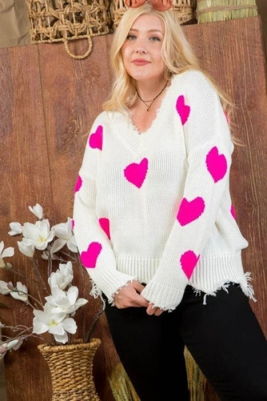 Neon Fuchsia Heart Print Distressed V Neck Long Sleeve Sweater