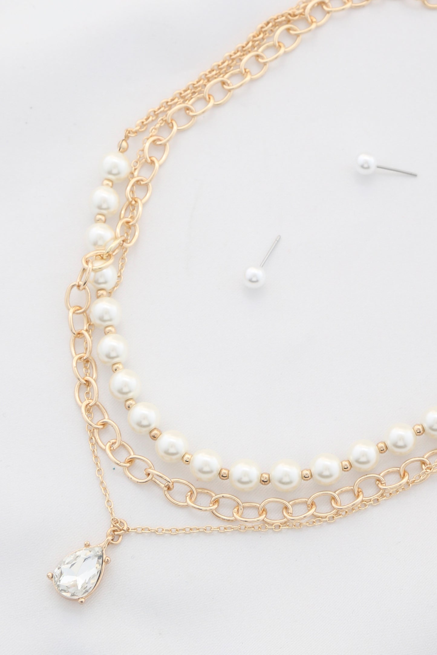 Teardrop Crystal Pearl Bead Layered Necklace - Wholesale Apparel Center