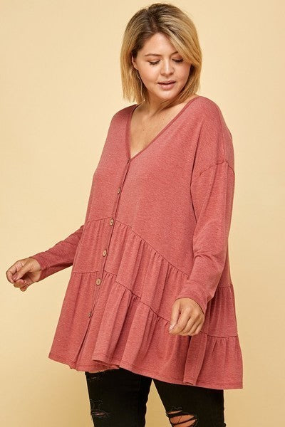 Plus Size Solid Long Sleeves Button Up Swing Tunic Top With Ruched Detail