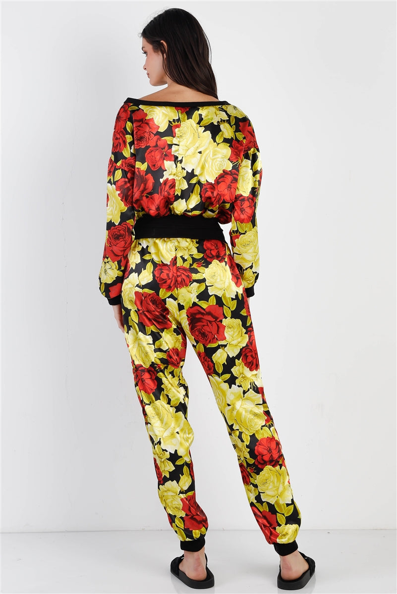 Black & Satin Effect Red & Lime Floral Print V-neck Top & Pants Set