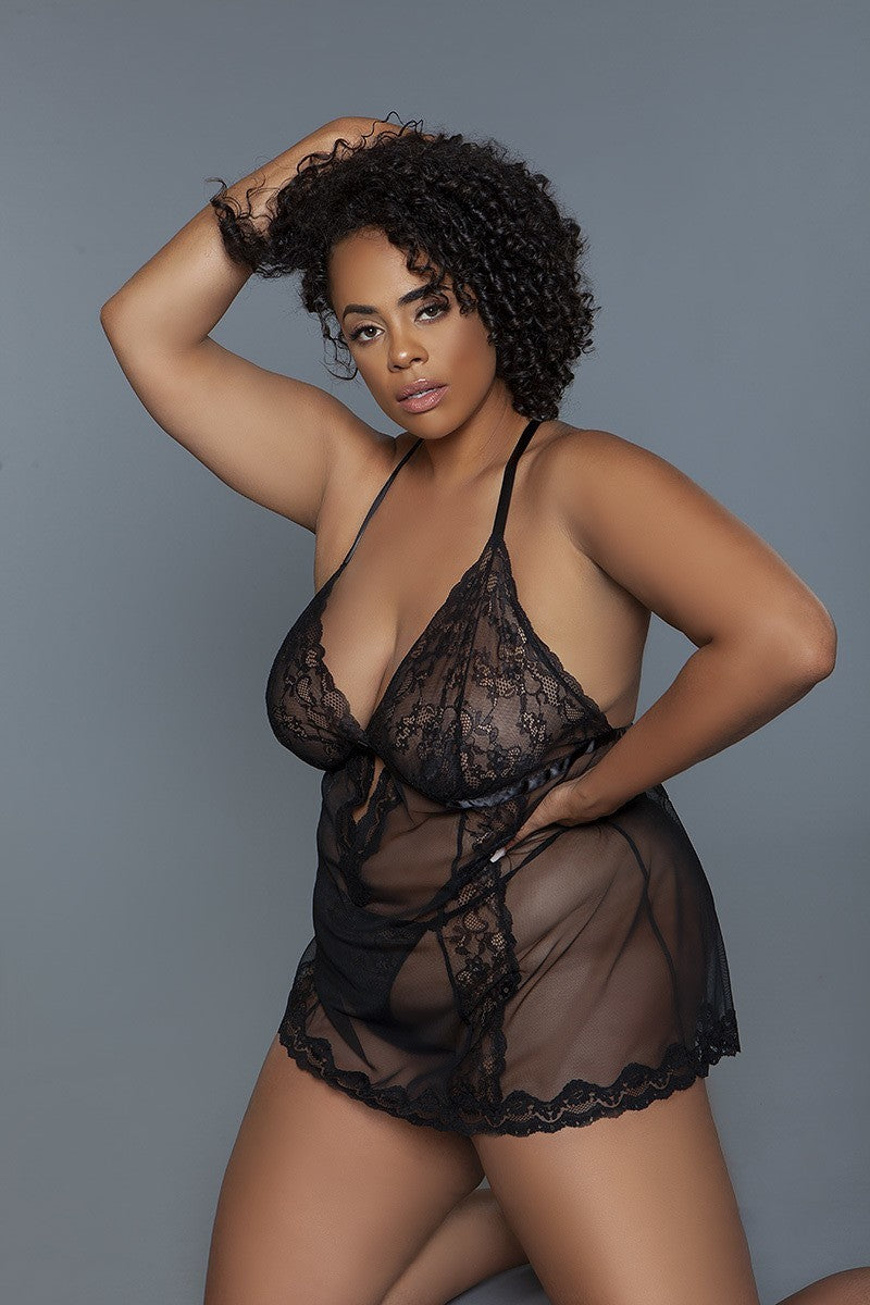2 Pc Unlined Lace Cups Babydoll Sheer Mesh And Lace Front Panels Design - Wholesale Apparel Center