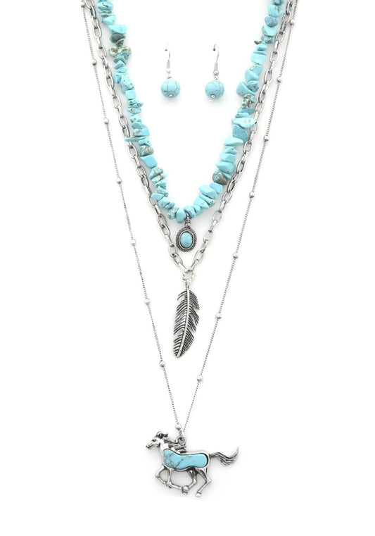 Rodeo western horse pendant feather charm beaded layered necklace - Wholesale Apparel Center