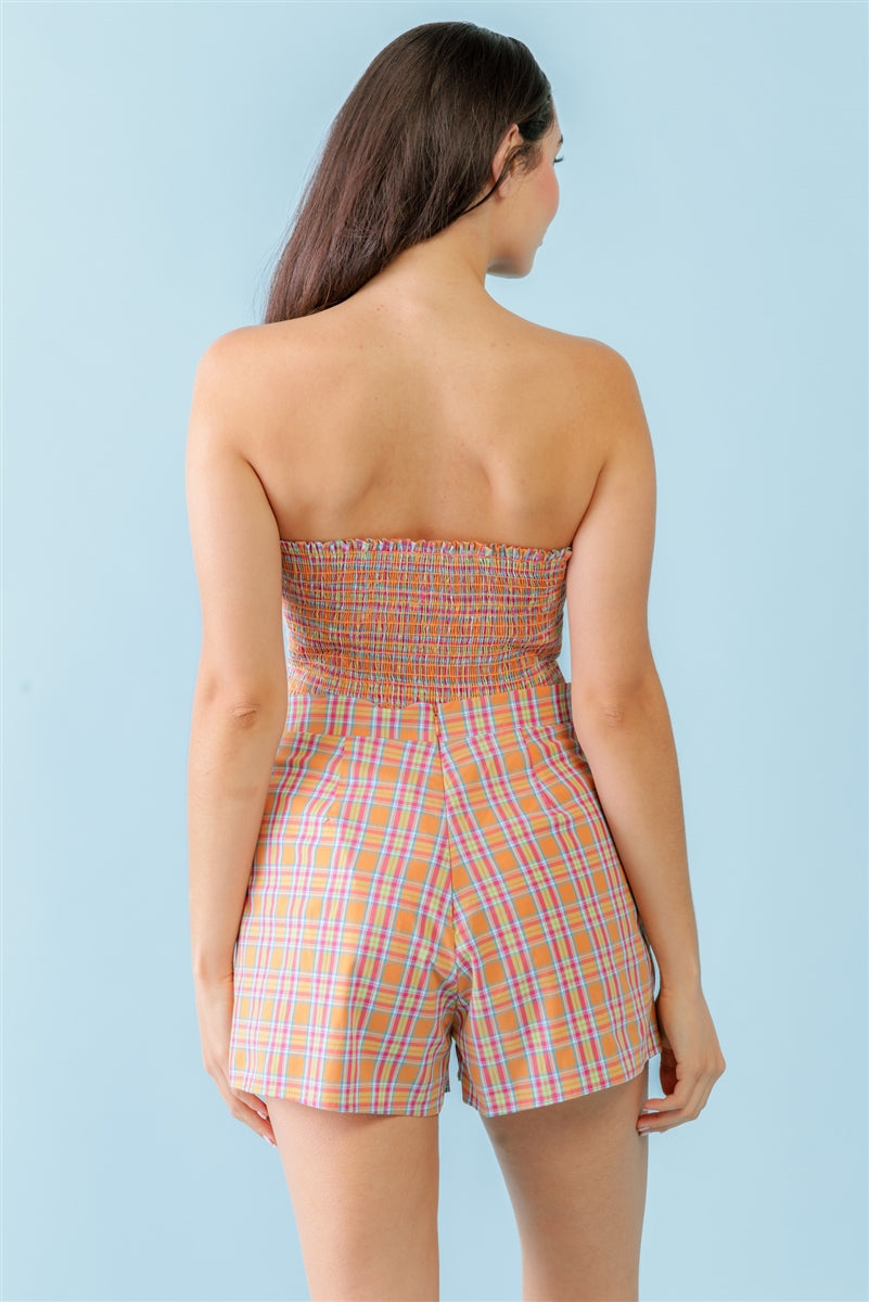 Orange & Aqua Plaid Print Cotton Strapless Crop Top & High Waist Two Pocket Shorts Set