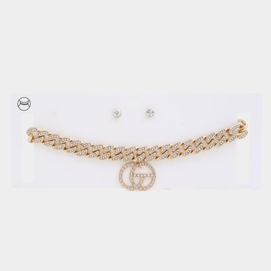 Double Circle Rhinestone Charm Curb Link Choker Necklace - Wholesale Apparel Center